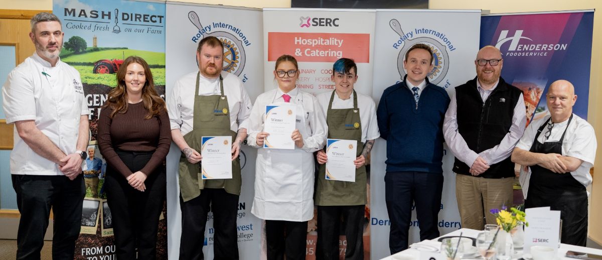 Judges Mark Begley,  Culloden Hotel; Emma McFadden, Mash Direct,  with winning team  David Rea, Faith Gregory and Jack Regan;  and judges, Ben Fleming, Merchant Hotel, James Davidson, Hendersons Food Service,  and Stephen Jeffers,  Forestside Cookery School.